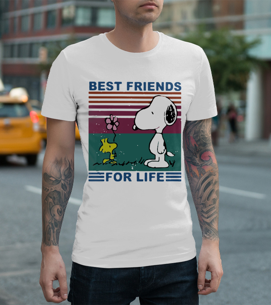 Best Friends For Life Snoopy Woodstock Vintage Retro Stripes T-Shirt