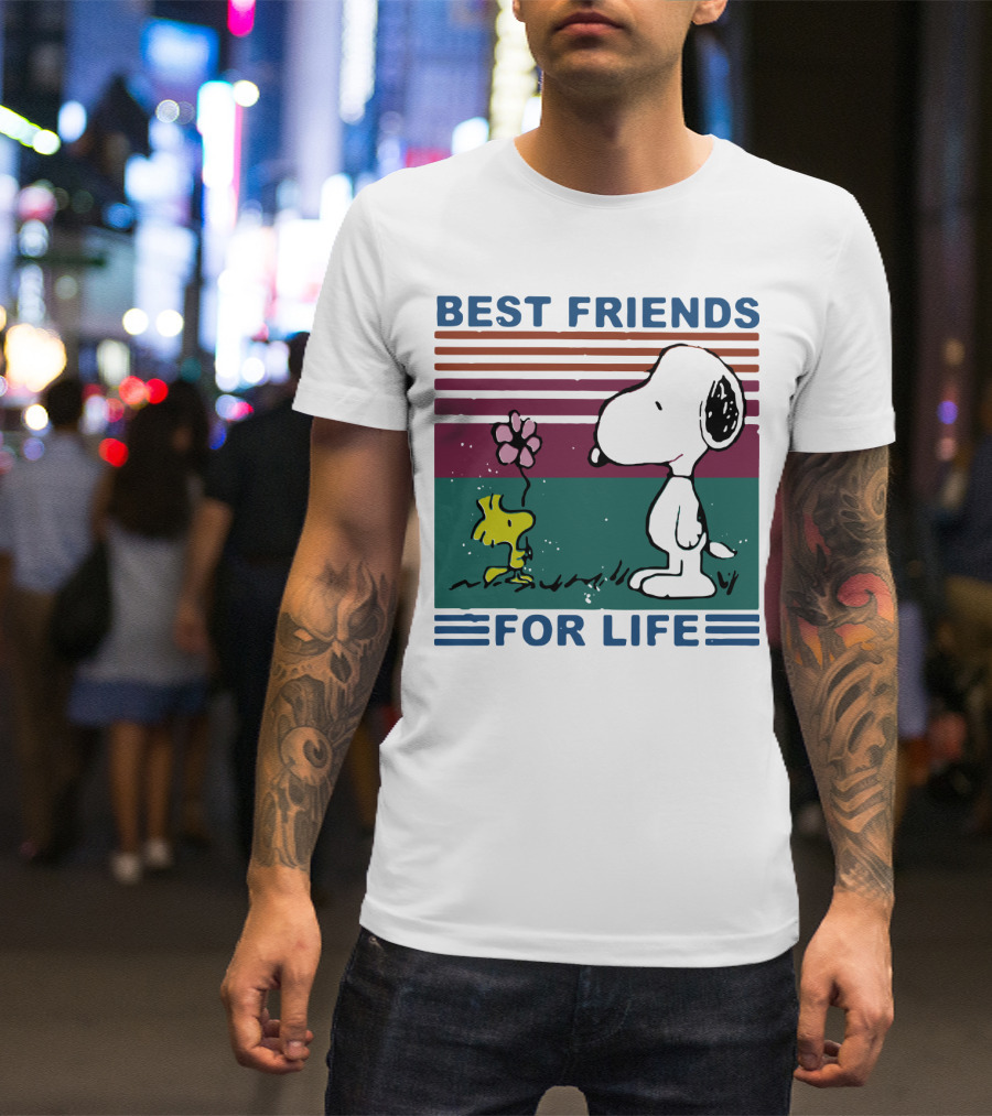 Best Friends For Life Snoopy Woodstock Vintage Retro Stripes T-Shirt