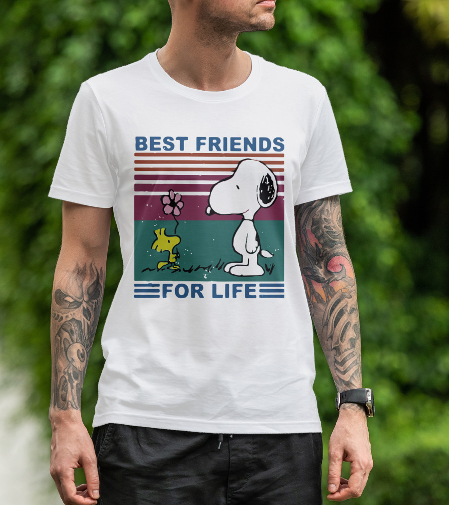 Best Friends For Life Snoopy Woodstock Vintage Retro Stripes T-Shirt
