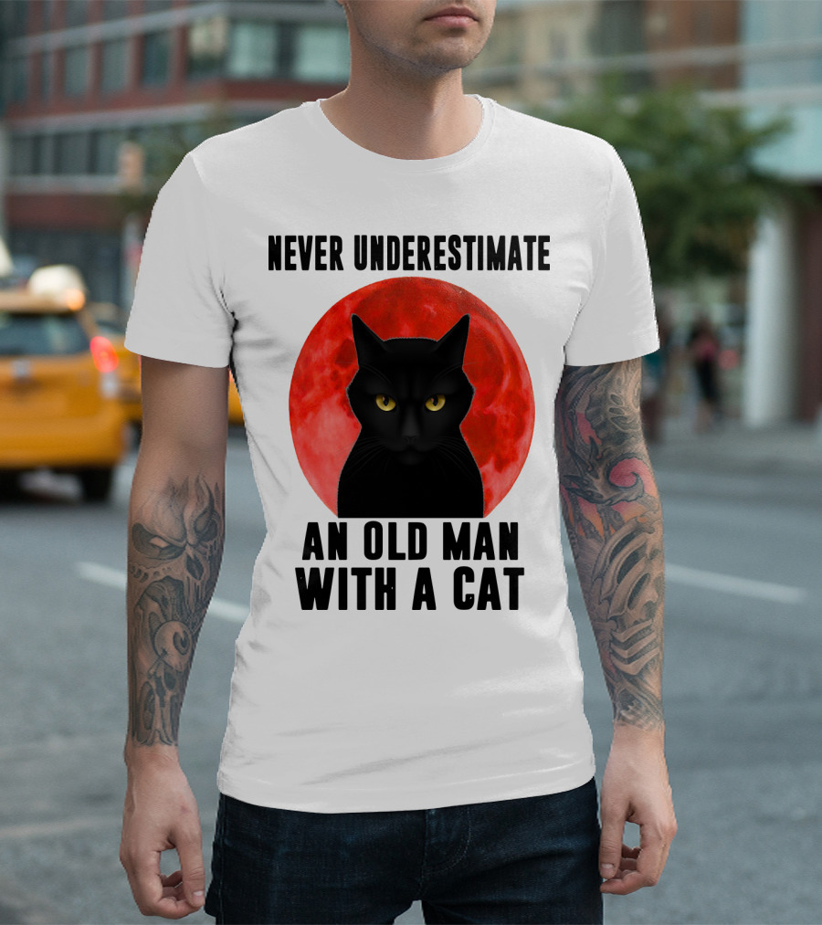 Never Underestimate An Old Man With A Cat Black Cat Red Moon T-Shirt