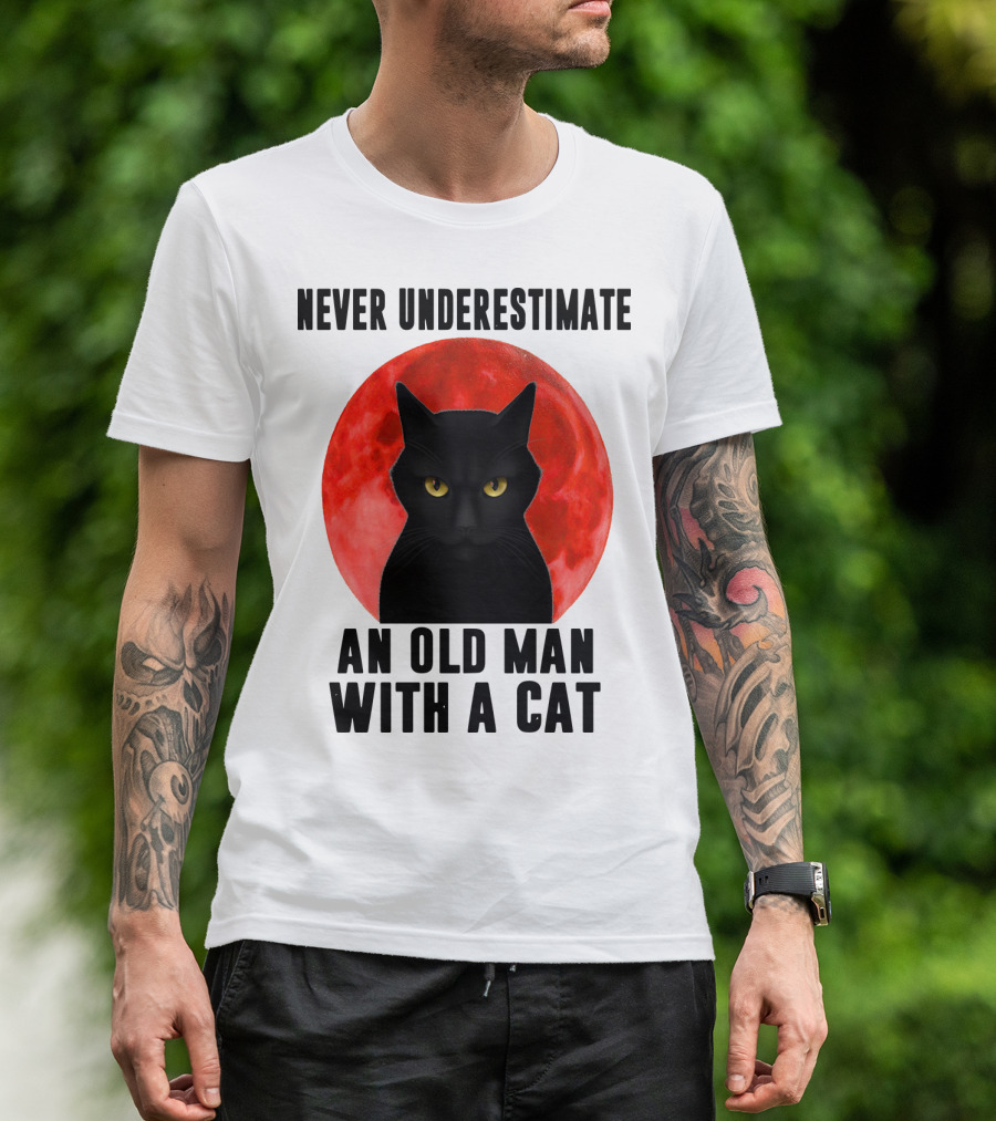 Never Underestimate An Old Man With A Cat Black Cat Red Moon T-Shirt