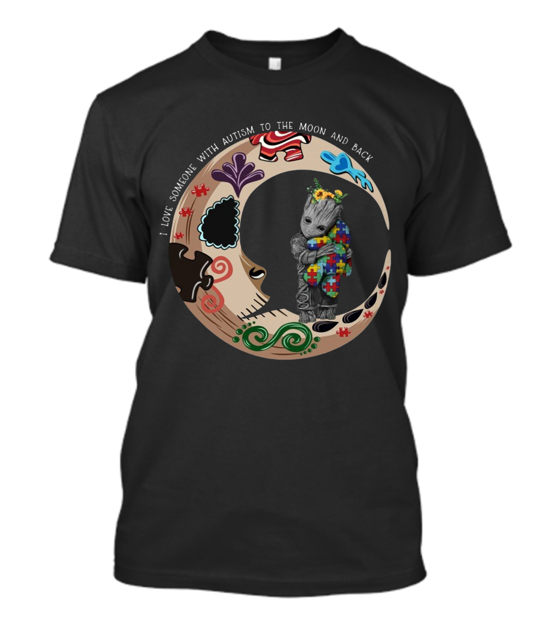 Baby Groot Holding Autism Puzzle Blanket In Vibrant Moon Circle I Love Someone With Autism To The Moon And Back T-Shirt