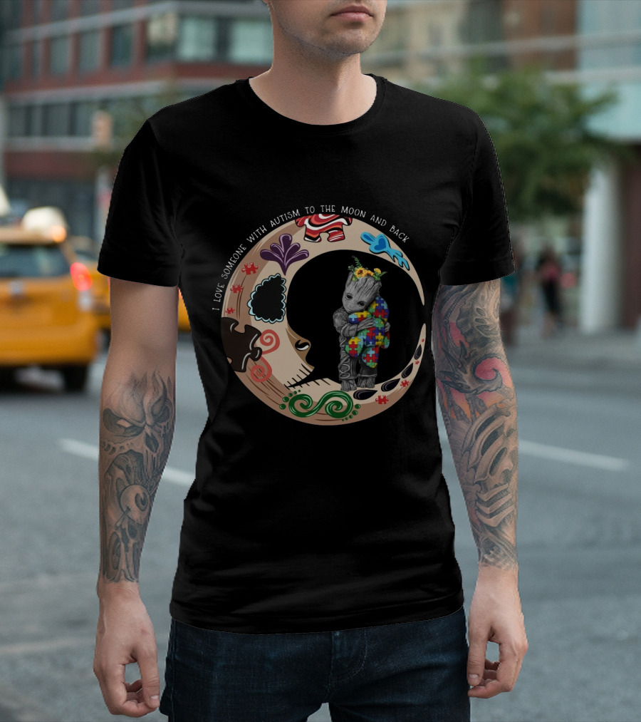 Baby Groot Holding Autism Puzzle Blanket in Vibrant Moon Circle I Love Someone With Autism To The Moon And Back T-Shirt