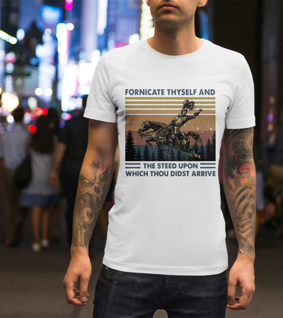 Vintage Fornicate Thyself And The Steed Upon Which Thou Didst Arrive Retro Rider Forest Stripes T-Shirt