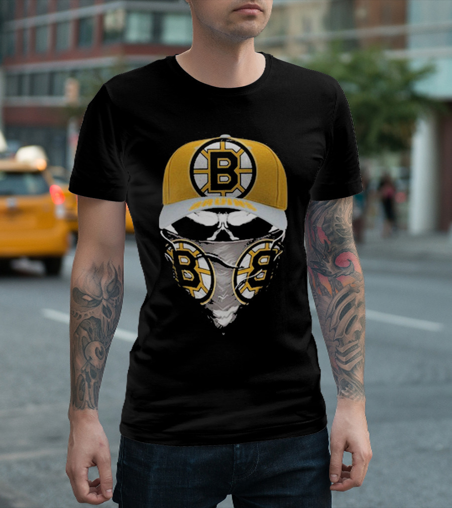 Boston Bruins Skull Mask and Hat T-Shirt