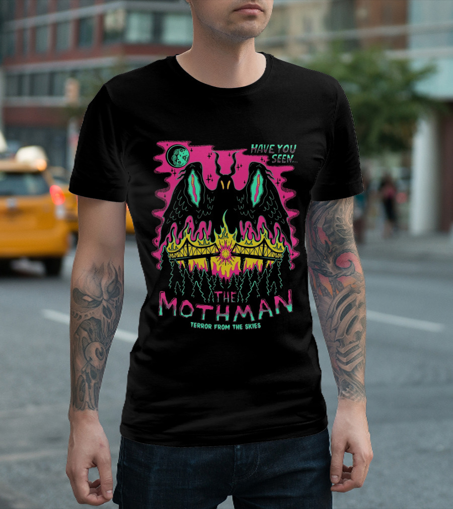 Have You Seen The Mothman Terror From The Skies Moonlit Night Fire Bridge Forest Scene T-Shirt