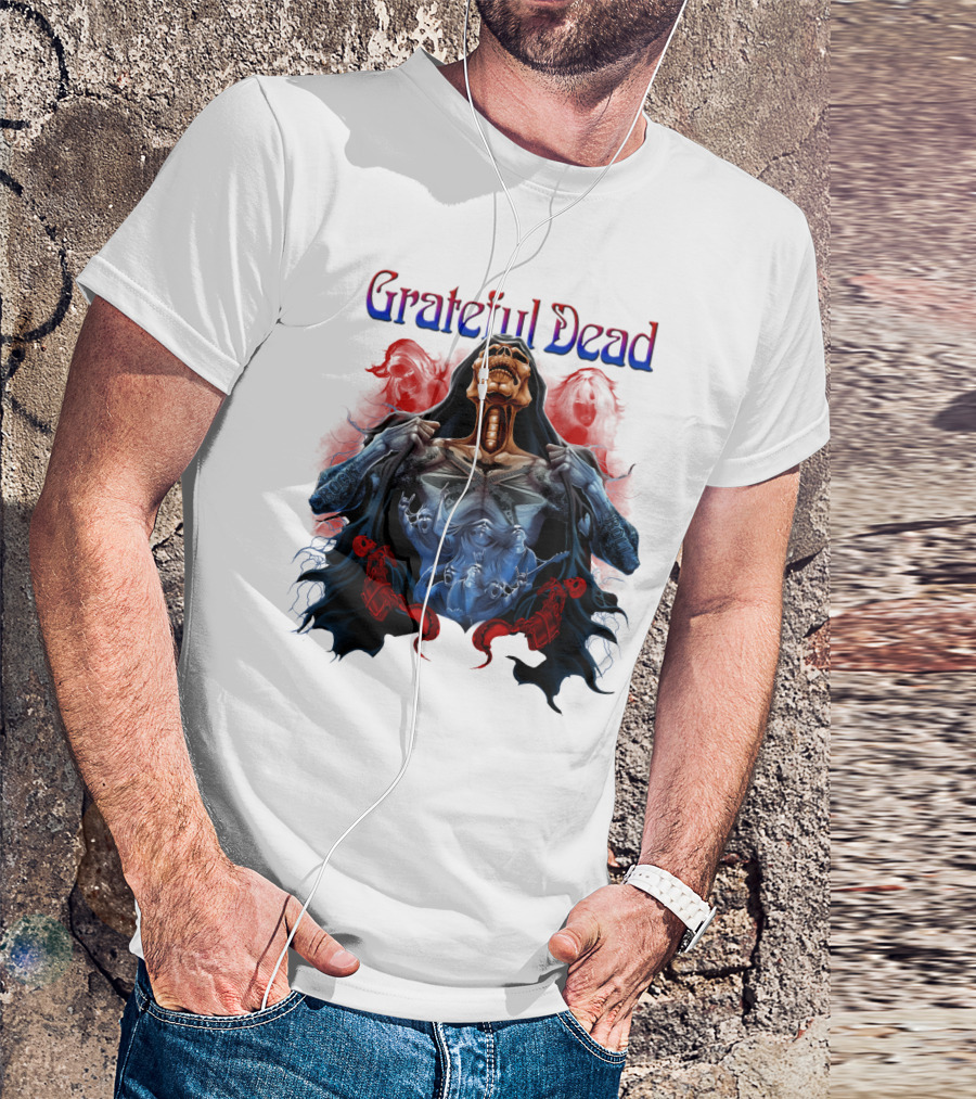 Grateful Dead Skeleton Artwork With Red And Blue T-Shirt