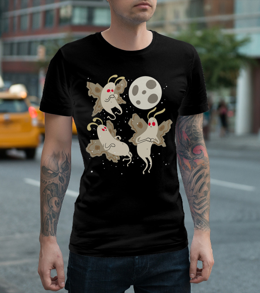 Three Mothmen Awkwarding Under Full Moon with Starry Sky T-Shirt