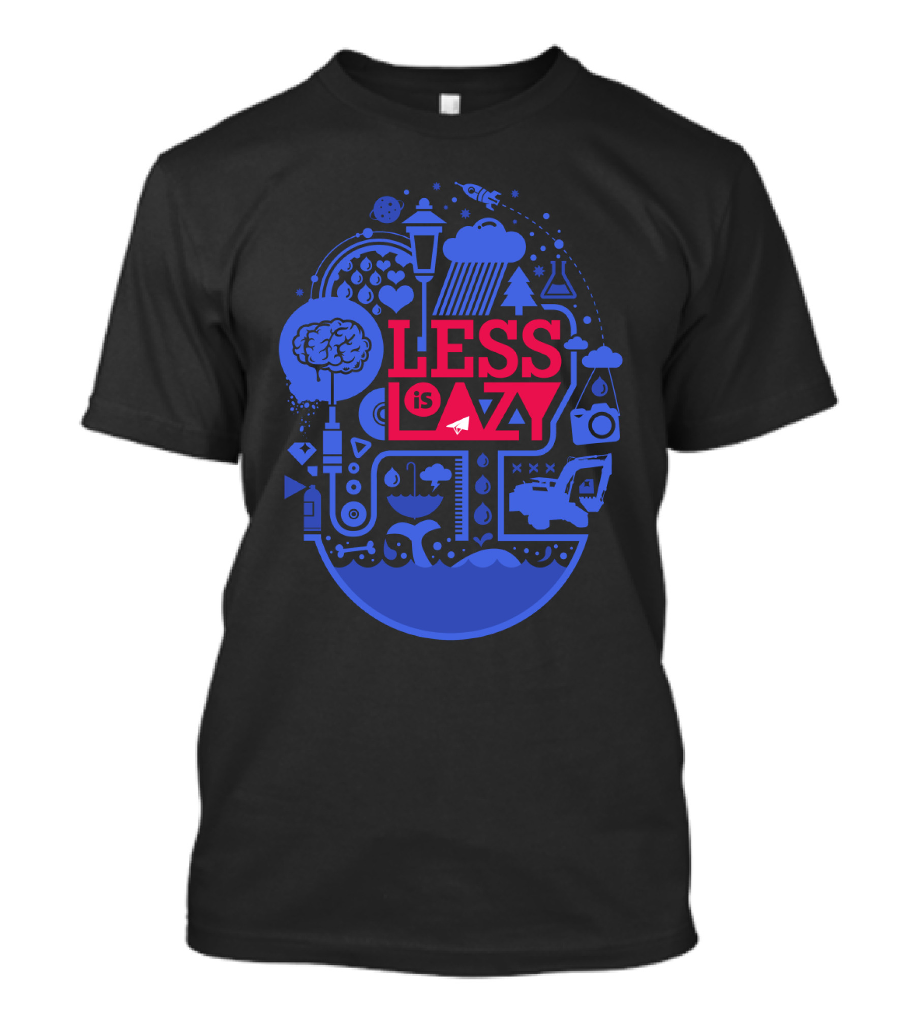 Less Is Lazy Creative Geometric Brain Motif With Lamp Rain Cloud Car Elements T-Shirt