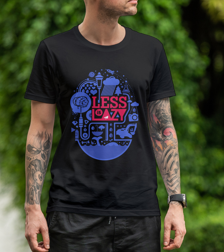 Less Is Lazy Creative Geometric Brain Motif With Lamp Rain Cloud Car Elements T-Shirt