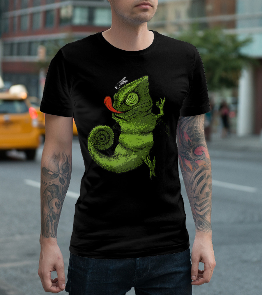 Fat Chameleon Cartoon with Swirling Tail and Catching Fly T-Shirt
