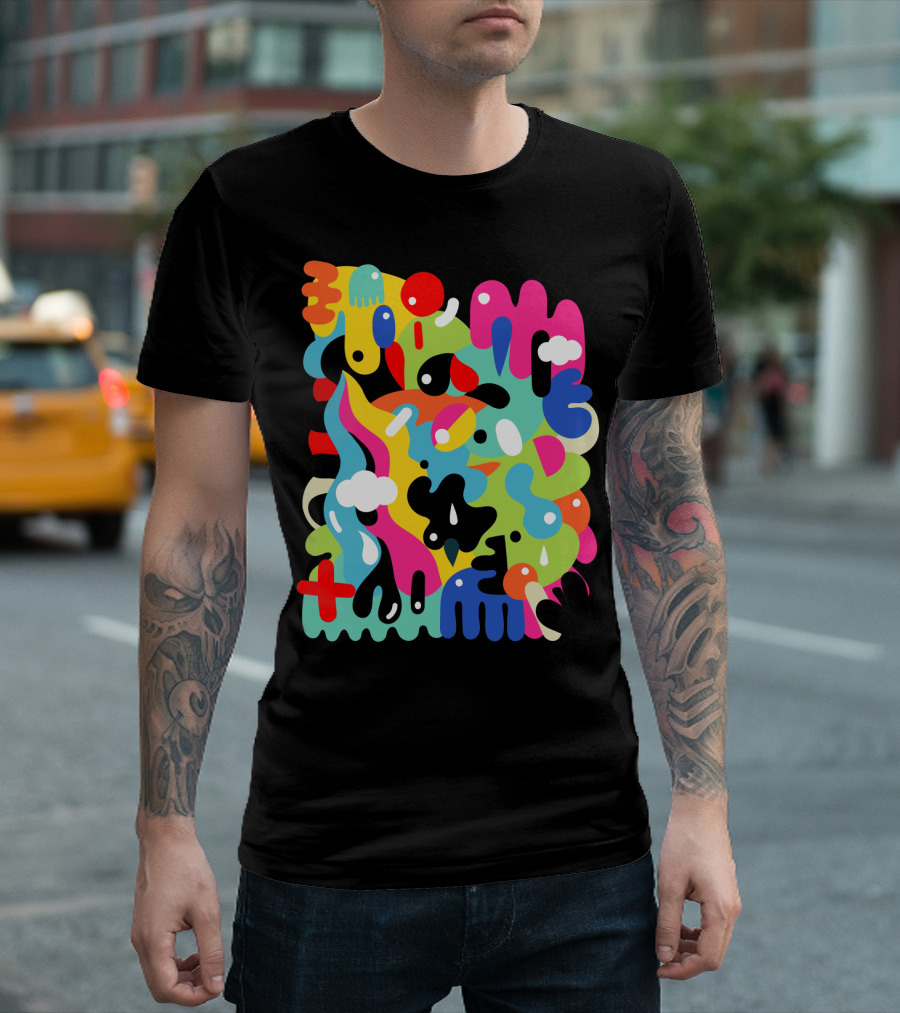 Blobs 001 Abstract Colorful Shapes with Blue Red Yellow Elements T-Shirt