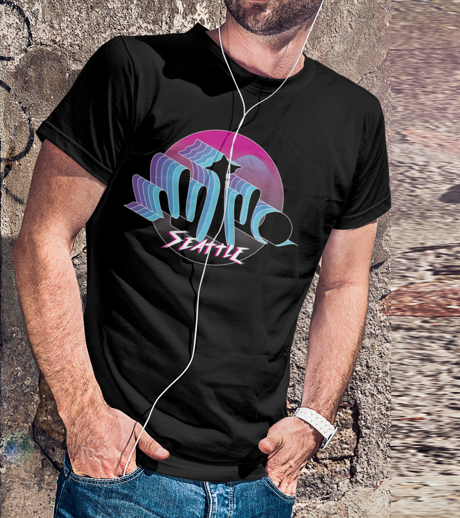 Seattle Synthwave Retro Skyline Design Purple Neon Aesthetic T-Shirt