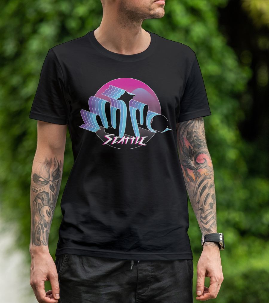 Seattle Synthwave Retro Skyline Design Purple Neon Aesthetic T-Shirt