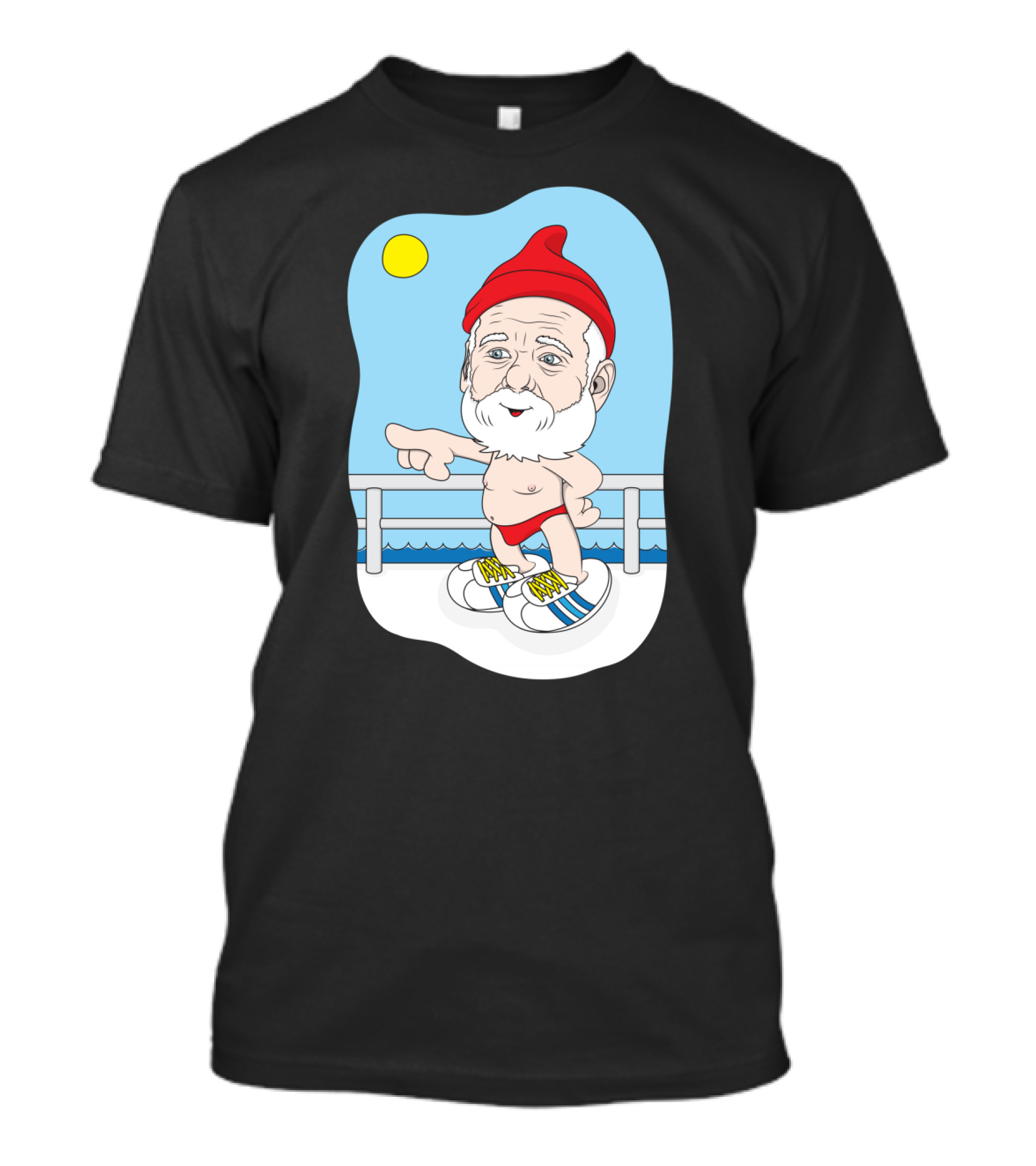 Papa Zissou Illustration With Red Beanie And White Beard On Deck With Sun And Blue Shoes T-Shirt