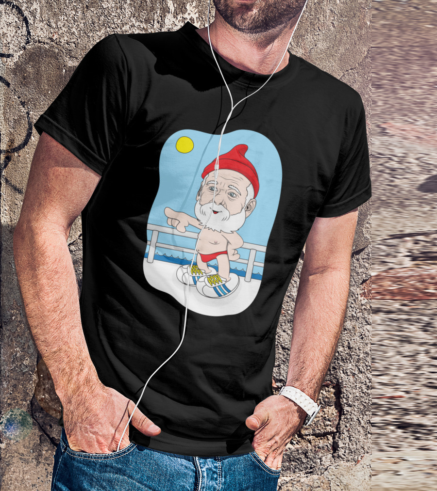 Papa Zissou Illustration With Red Beanie And White Beard On Deck With Sun And Blue Shoes T-Shirt