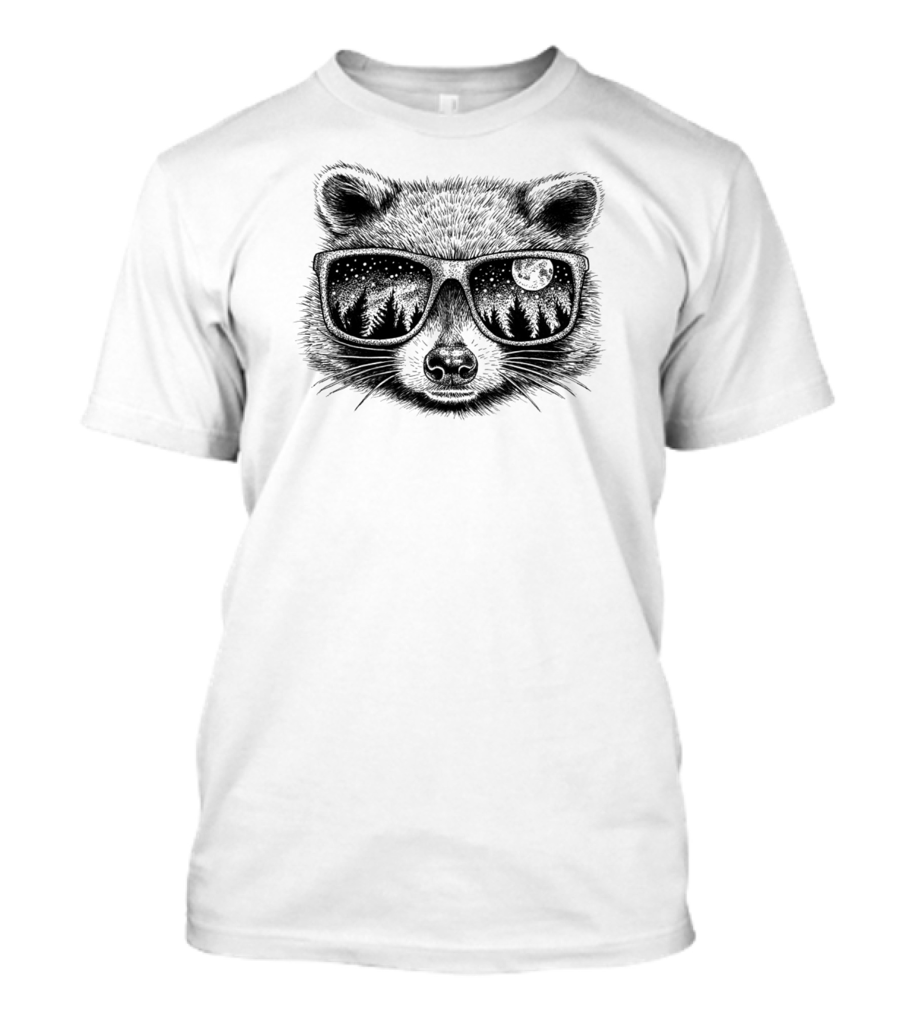 Raccoon Wearing Sunglasses Reflecting Moonlit Forest With Stars T-Shirt