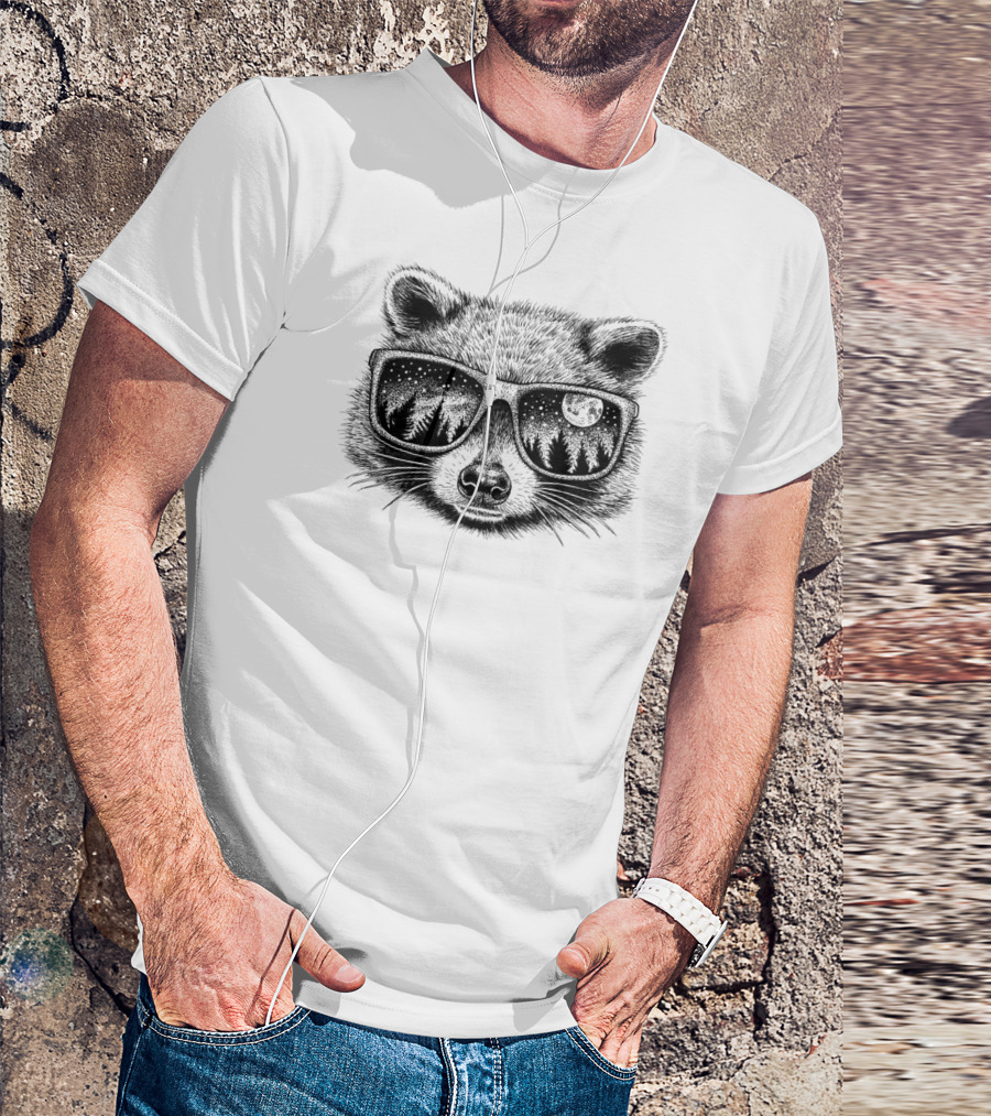 Raccoon Wearing Sunglasses Reflecting Moonlit Forest With Stars T-Shirt