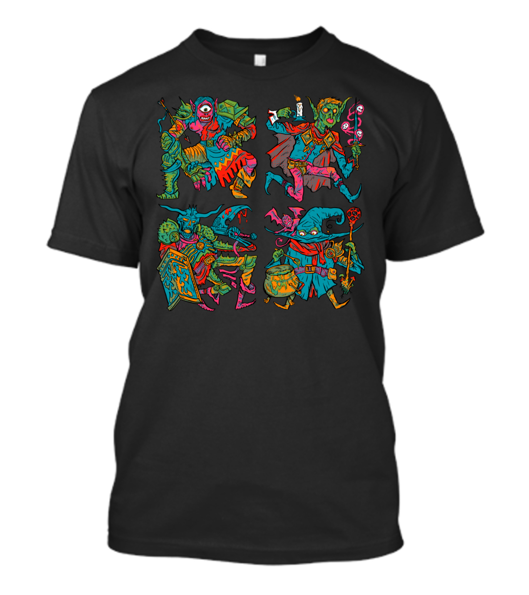 Fantasy Adventuring Party With Goblin, Cyclops, Warrior, And Wizard Characters T-Shirt