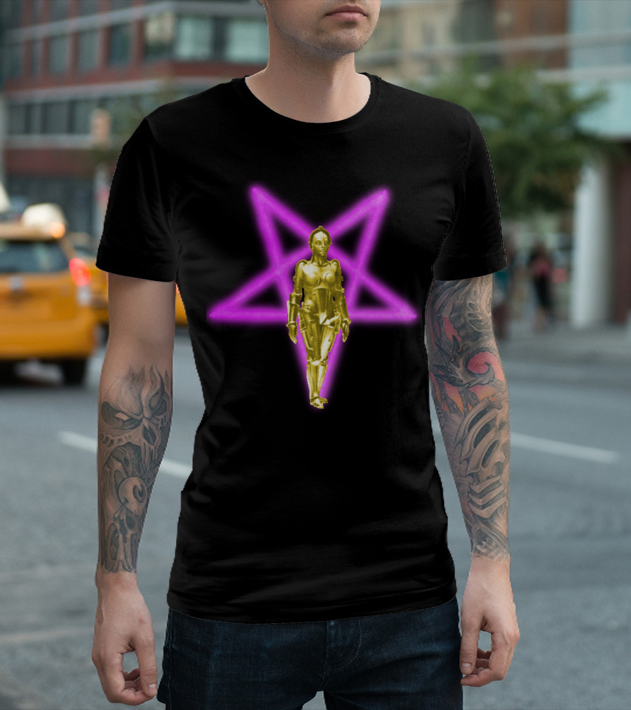 Maschinenmensch Metropolis Iconic Robot With Neon Star Background T-Shirt