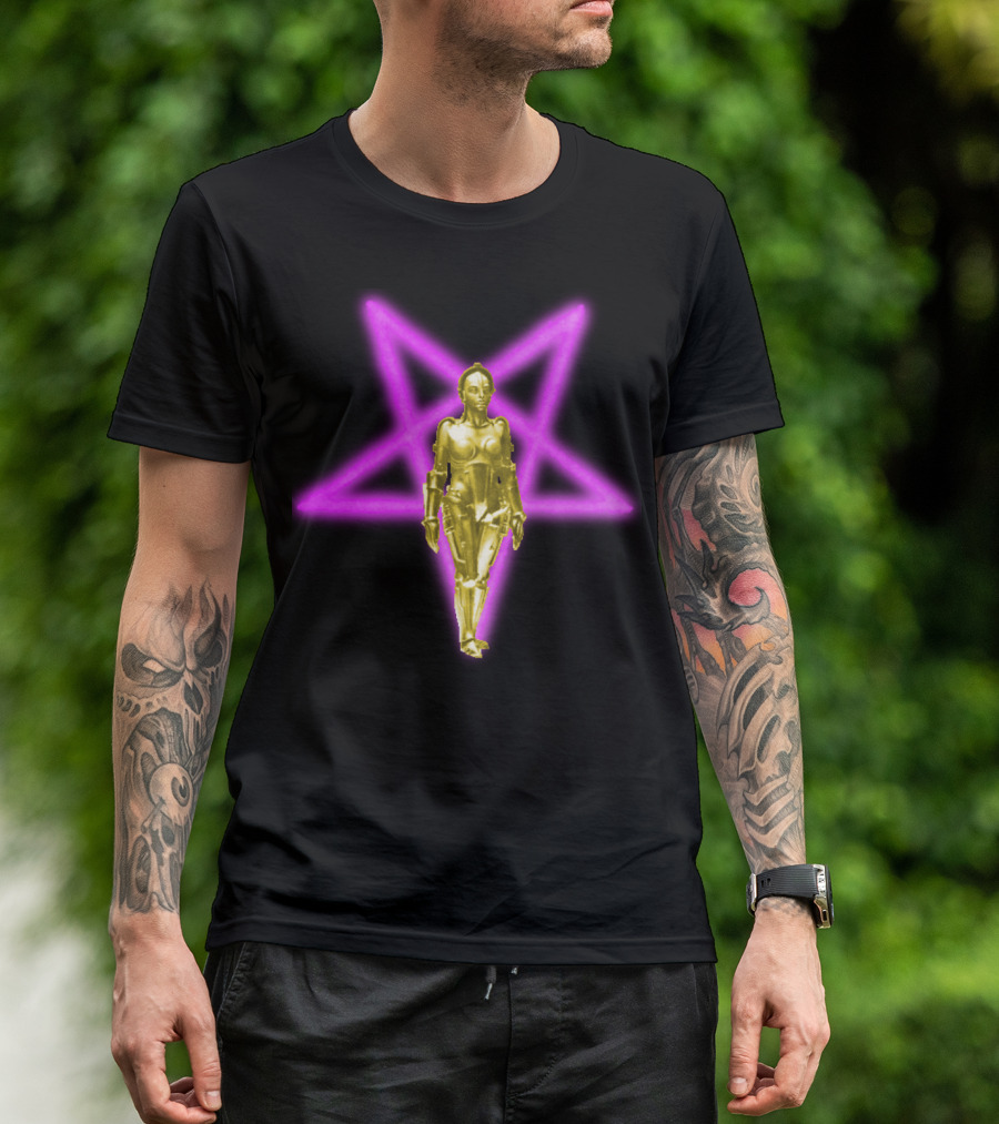 Maschinenmensch Metropolis Iconic Robot With Neon Star Background T-Shirt