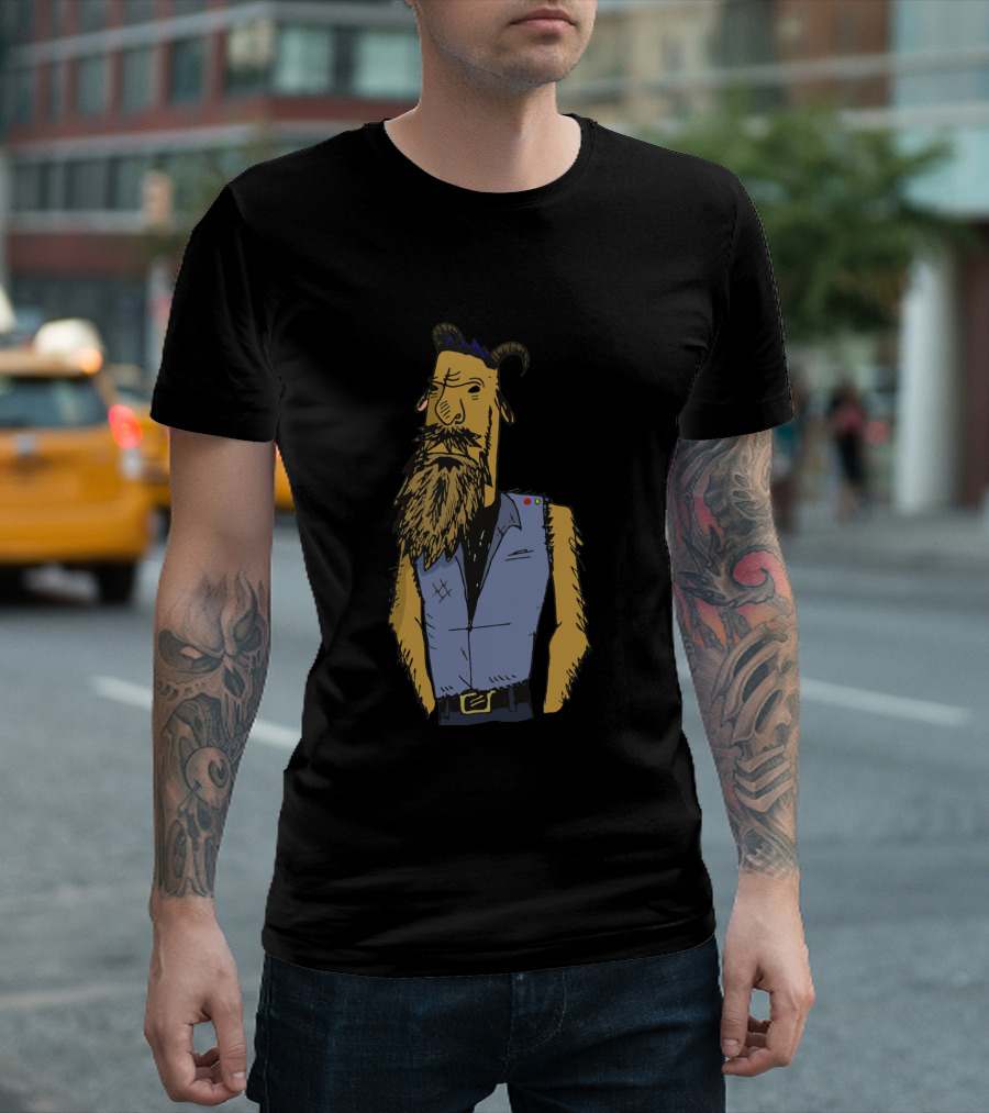Punk Rock GOAT Cartoon With Denim Vest And Mohawk Hairstyle T-Shirt
