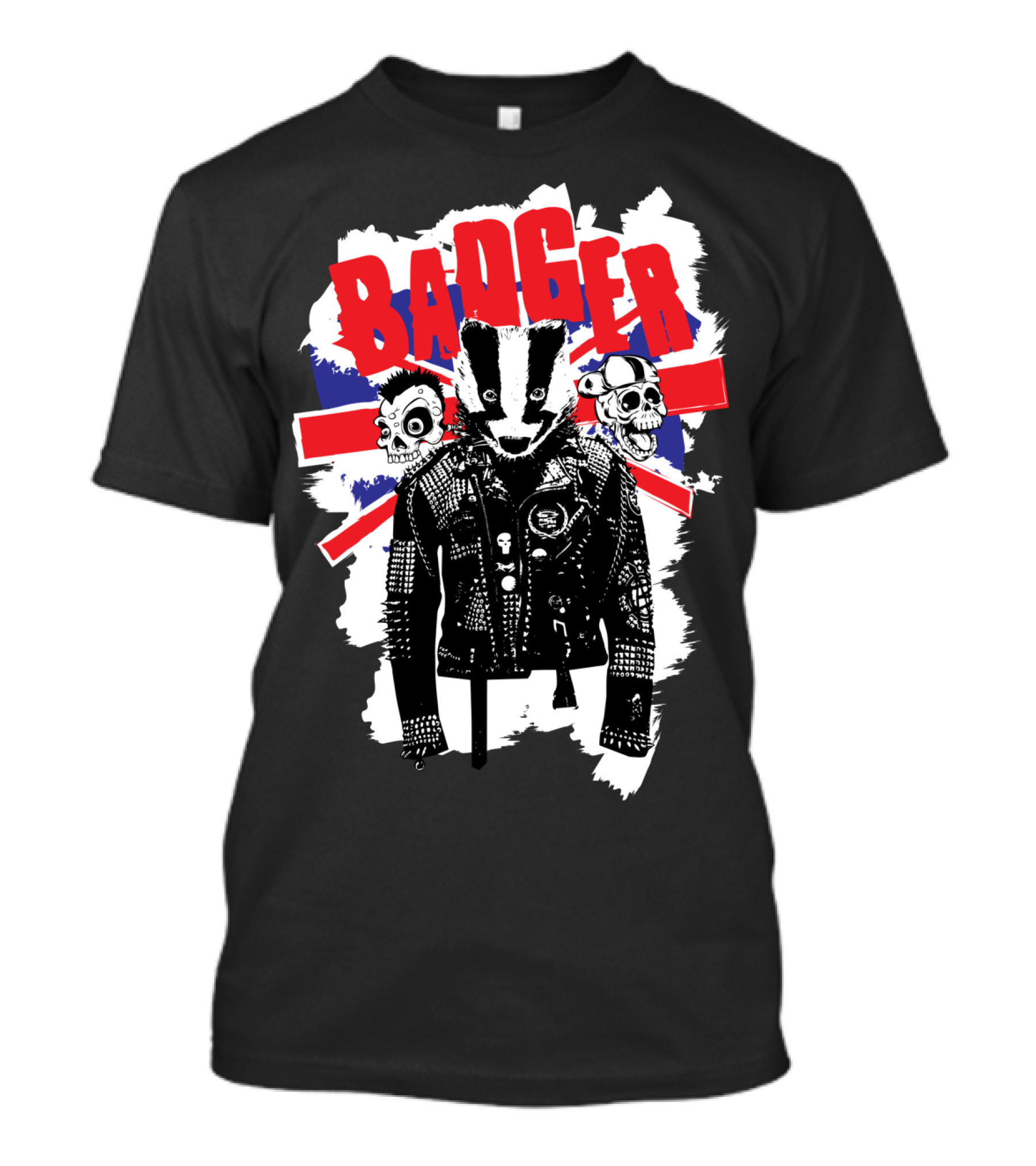 Badger Punk UK Leather Jacket Skull Union Jack Flag T-Shirt