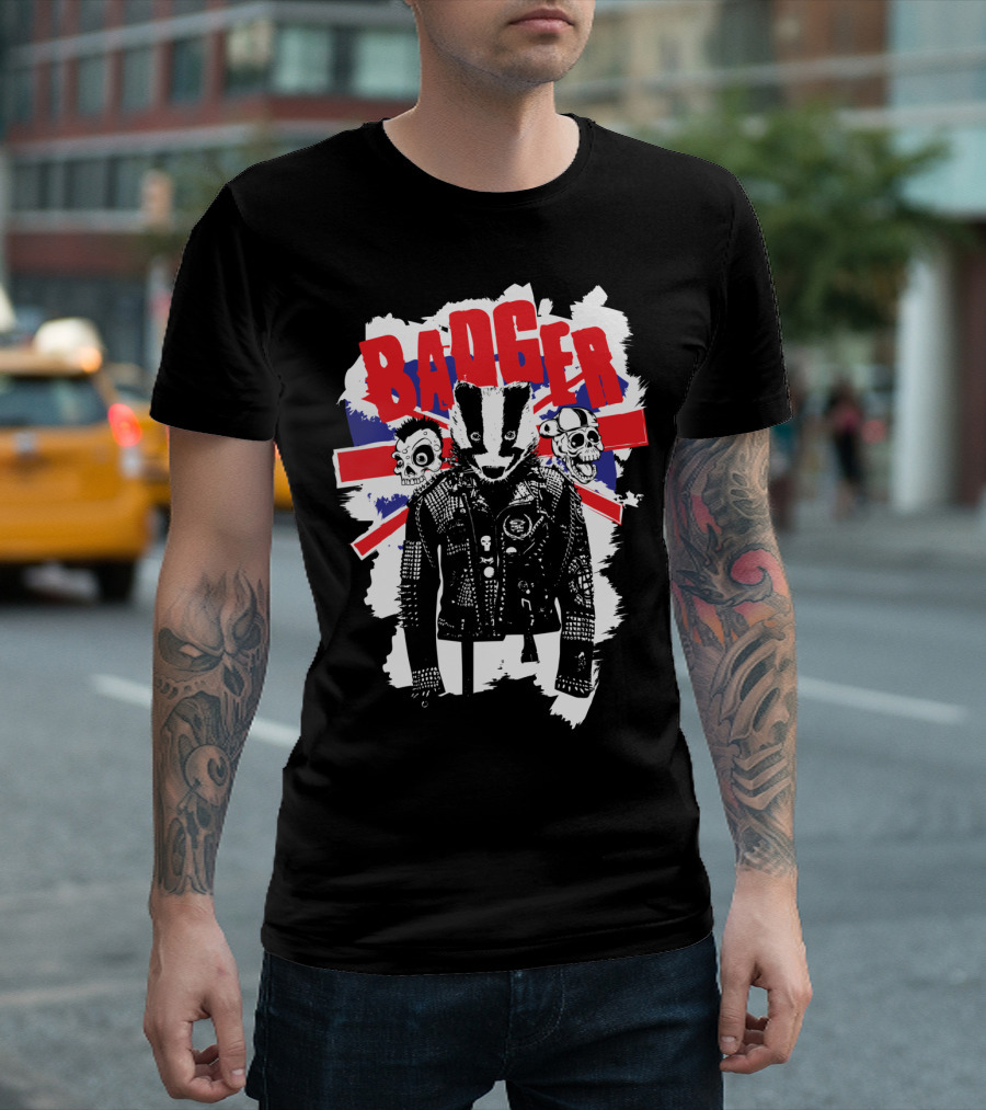 Badger Punk UK Leather Jacket Skull Union Jack Flag T-Shirt