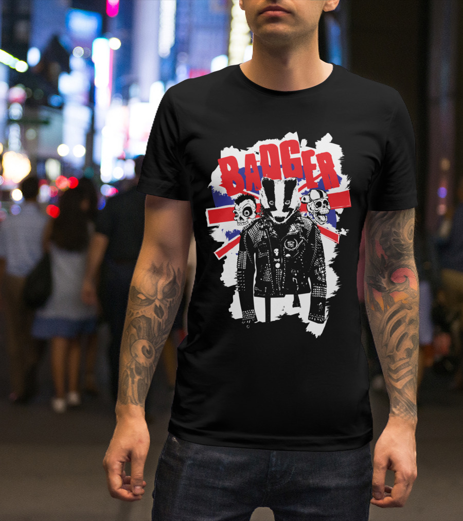 Badger Punk UK Leather Jacket Skull Union Jack Flag T-Shirt