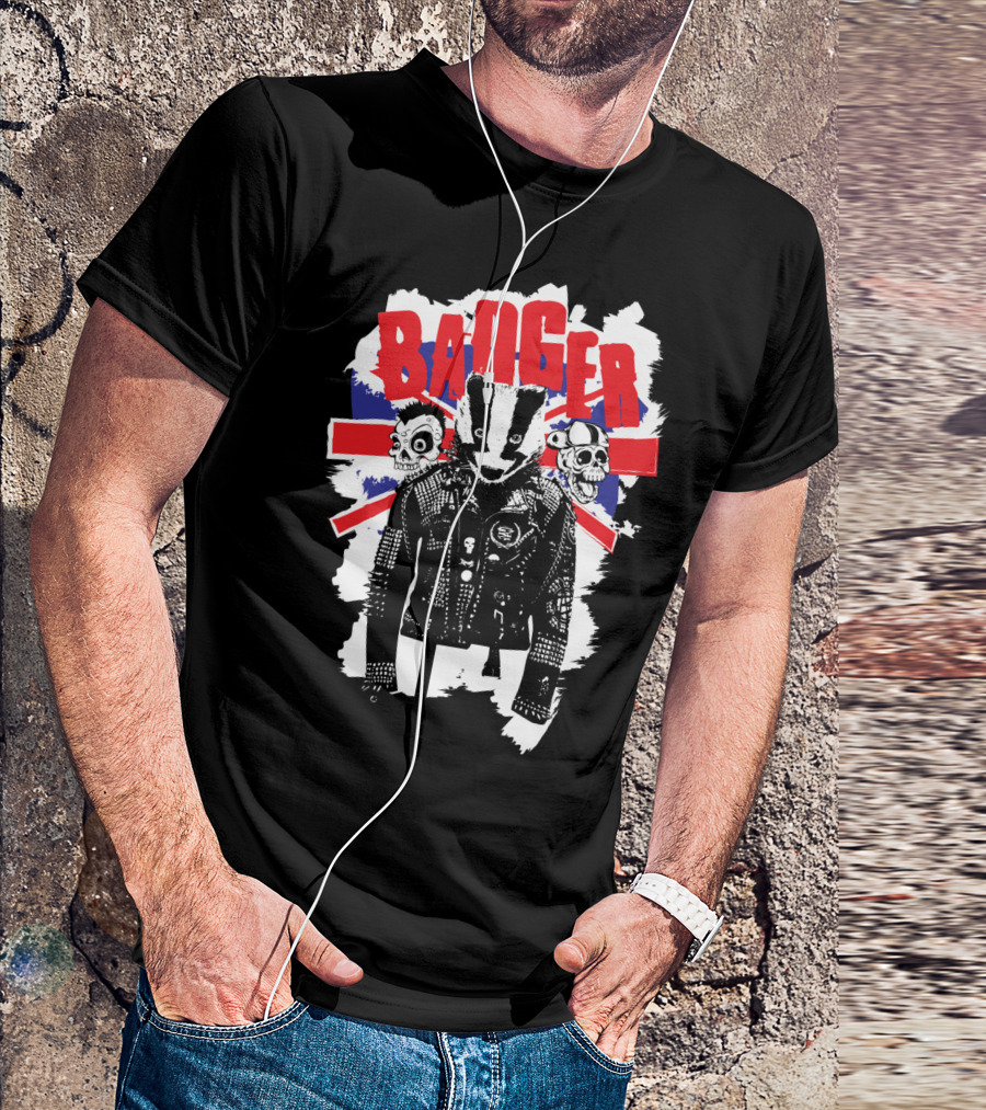 Badger Punk UK Leather Jacket Skull Union Jack Flag T-Shirt