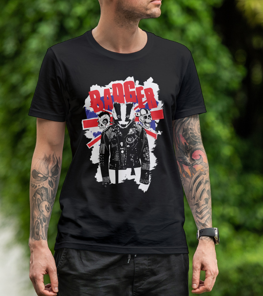 Badger Punk UK Leather Jacket Skull Union Jack Flag T-Shirt