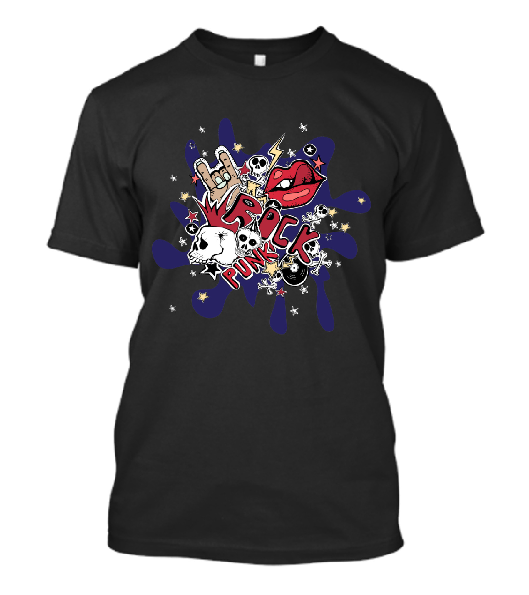 Rock Punk Skull Lips Lightning Stars Skull Hand Gesture T-Shirt