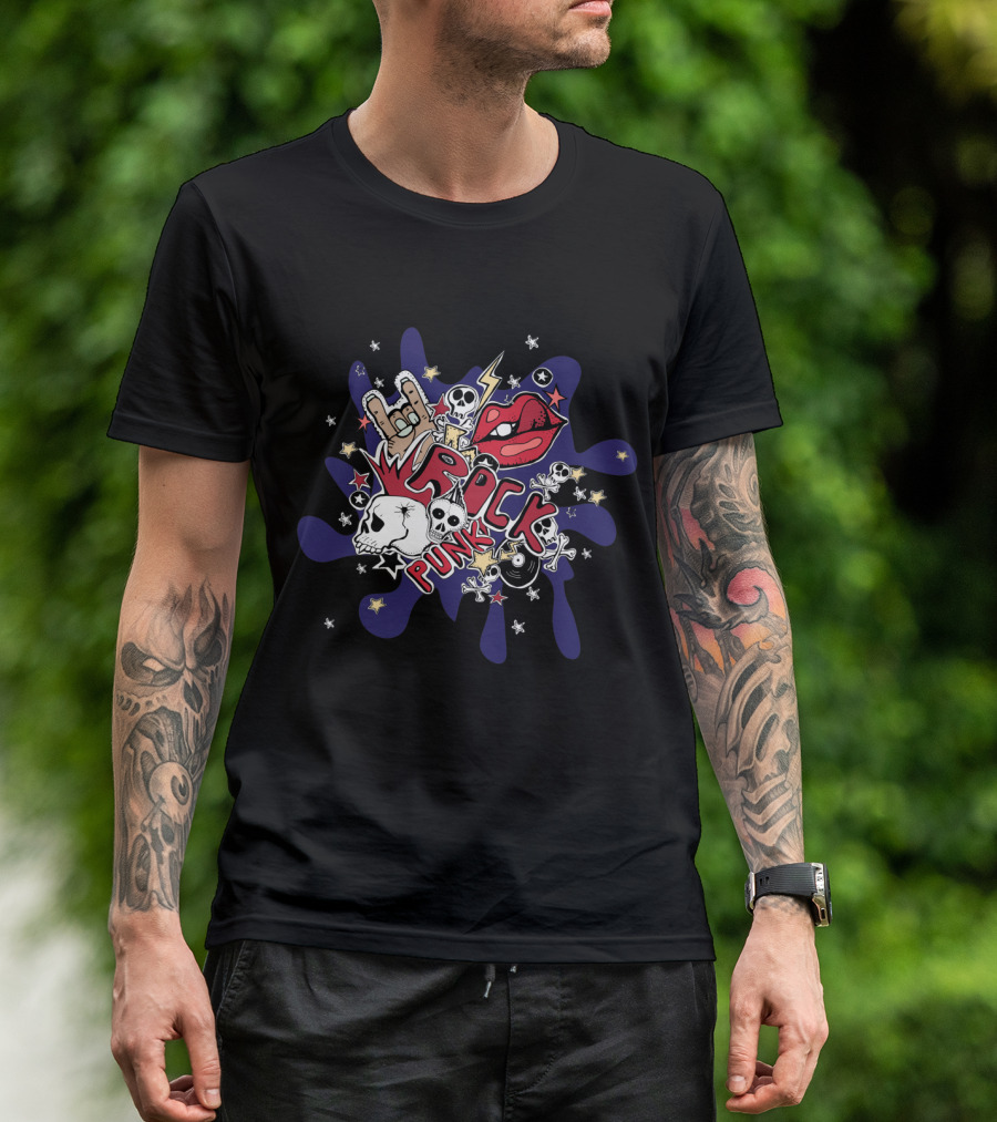 Rock Punk Skull Lips Lightning Stars Skull Hand Gesture T-Shirt