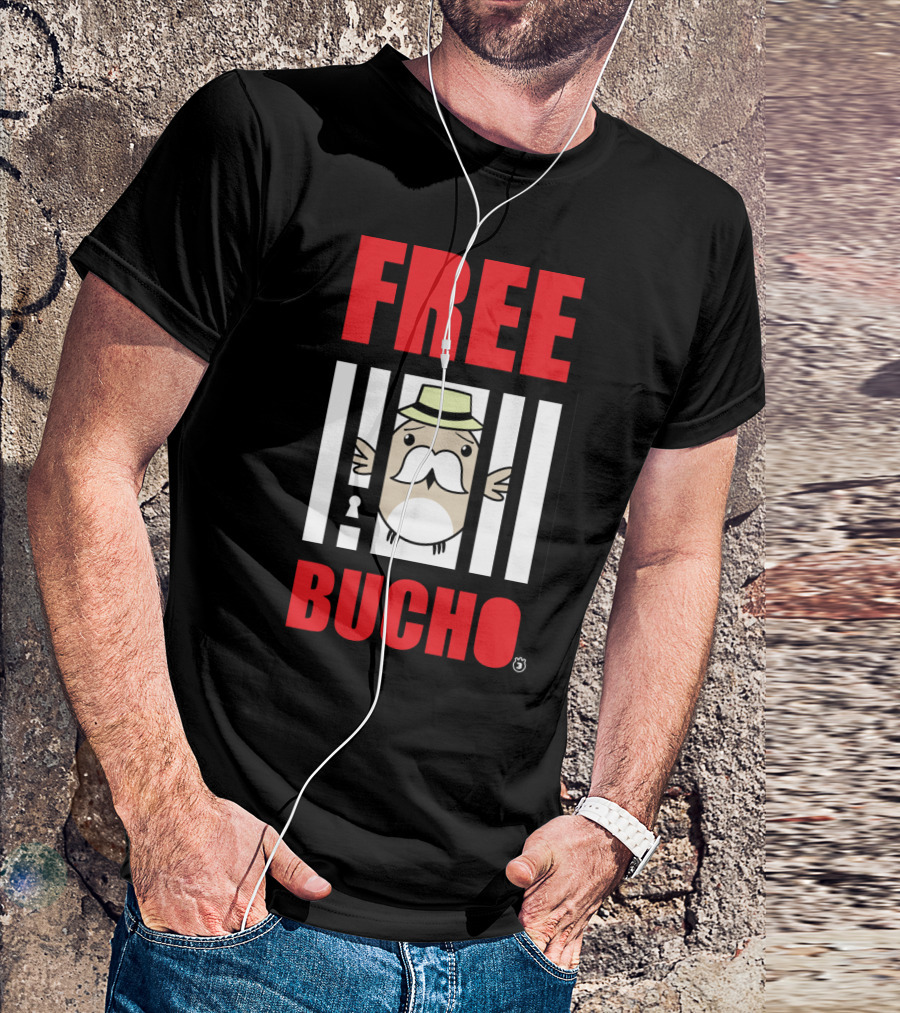 FREE BUCHO Cartoon Character In Jail With Hat And Mustache T-Shirt