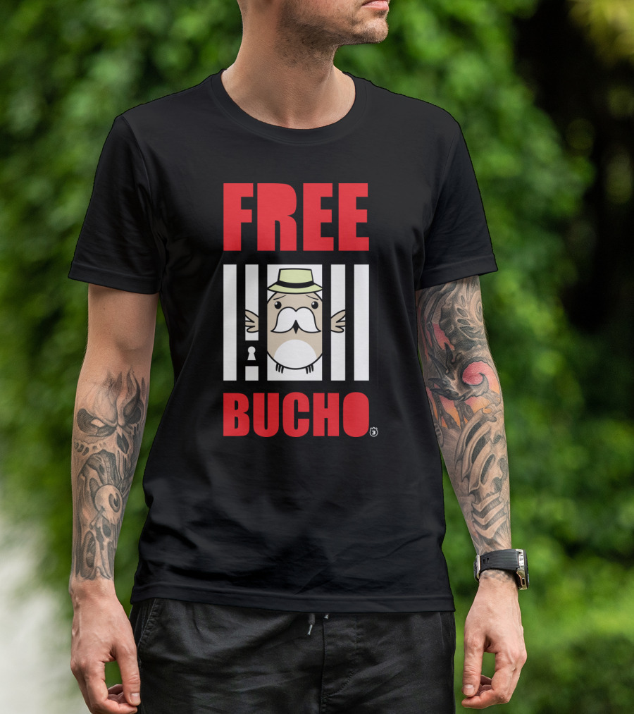 FREE BUCHO Cartoon Character In Jail With Hat And Mustache T-Shirt