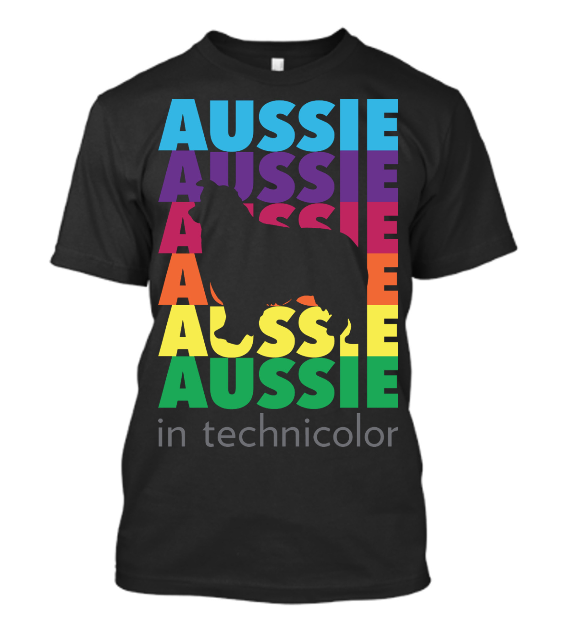 Aussie Technicolor Rainbow Silhouette Text Pattern With Dog Shape T-Shirt