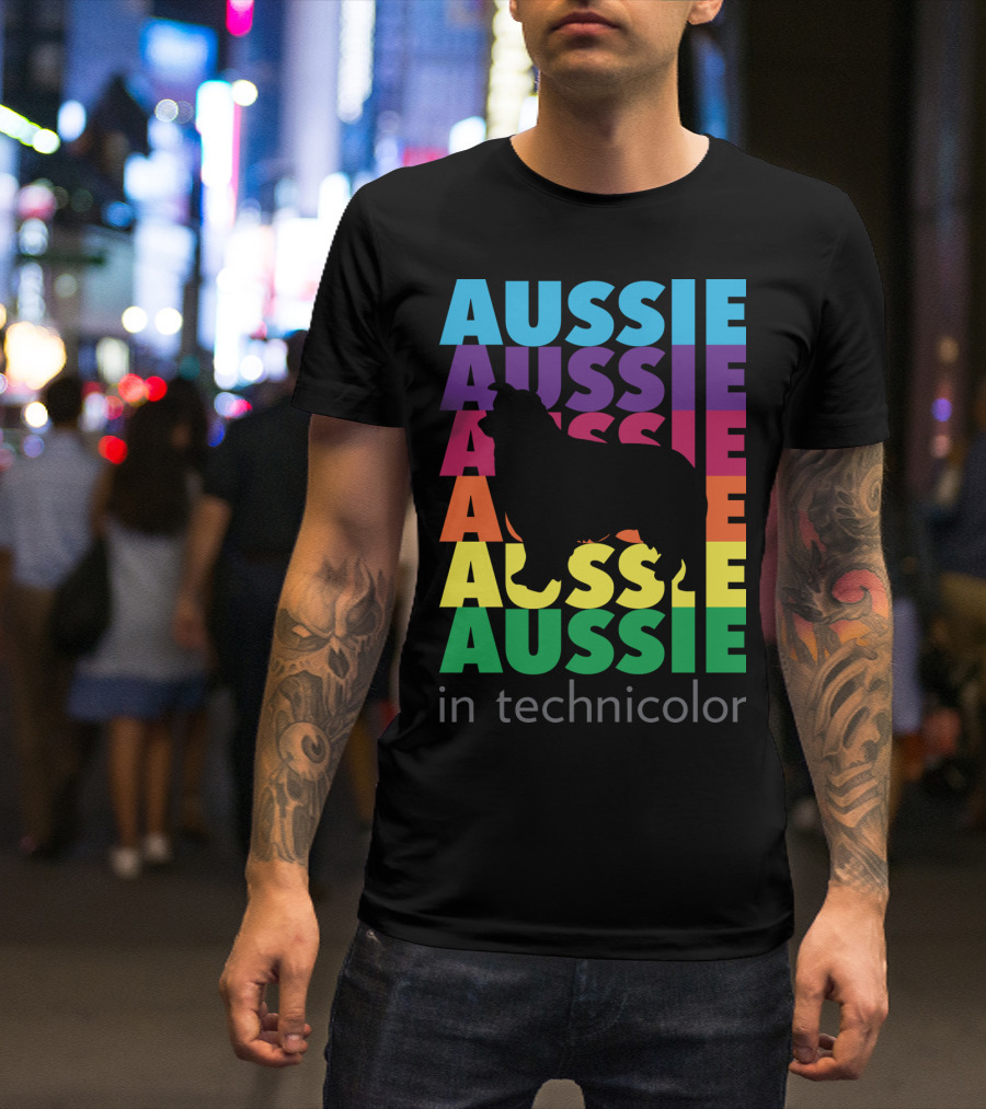Aussie Technicolor Rainbow Silhouette Text Pattern With Dog Shape T-Shirt