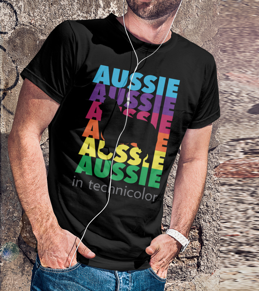 Aussie Technicolor Rainbow Silhouette Text Pattern With Dog Shape T-Shirt