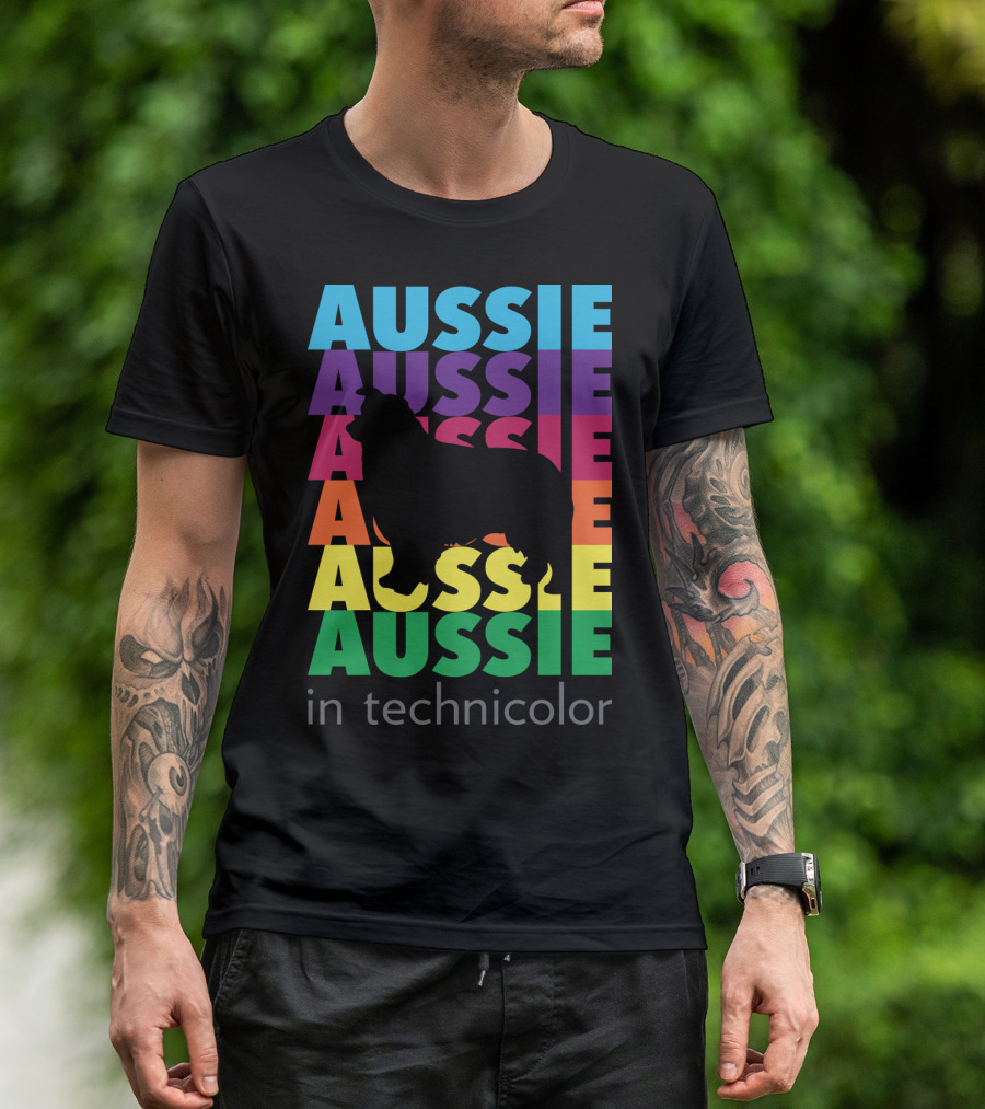 Aussie Technicolor Rainbow Silhouette Text Pattern With Dog Shape T-Shirt