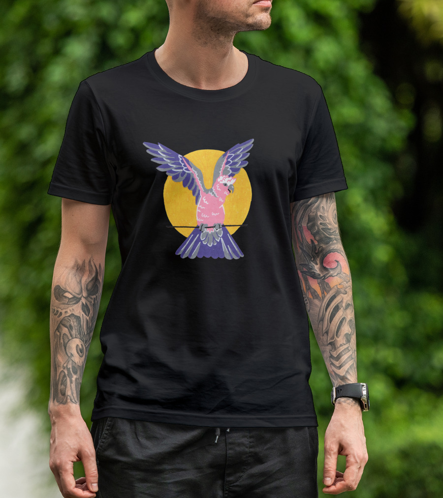 Colourful Galah With Vibrant Wings And Bright Yellow Sun Circle Background T-Shirt