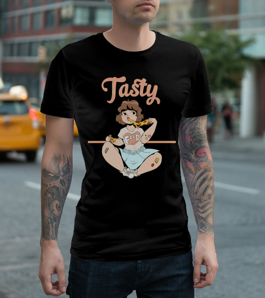 Tasty Pizza Girl Eating Food with Cute Cartoon Style and Fun Accessories T-Shirt