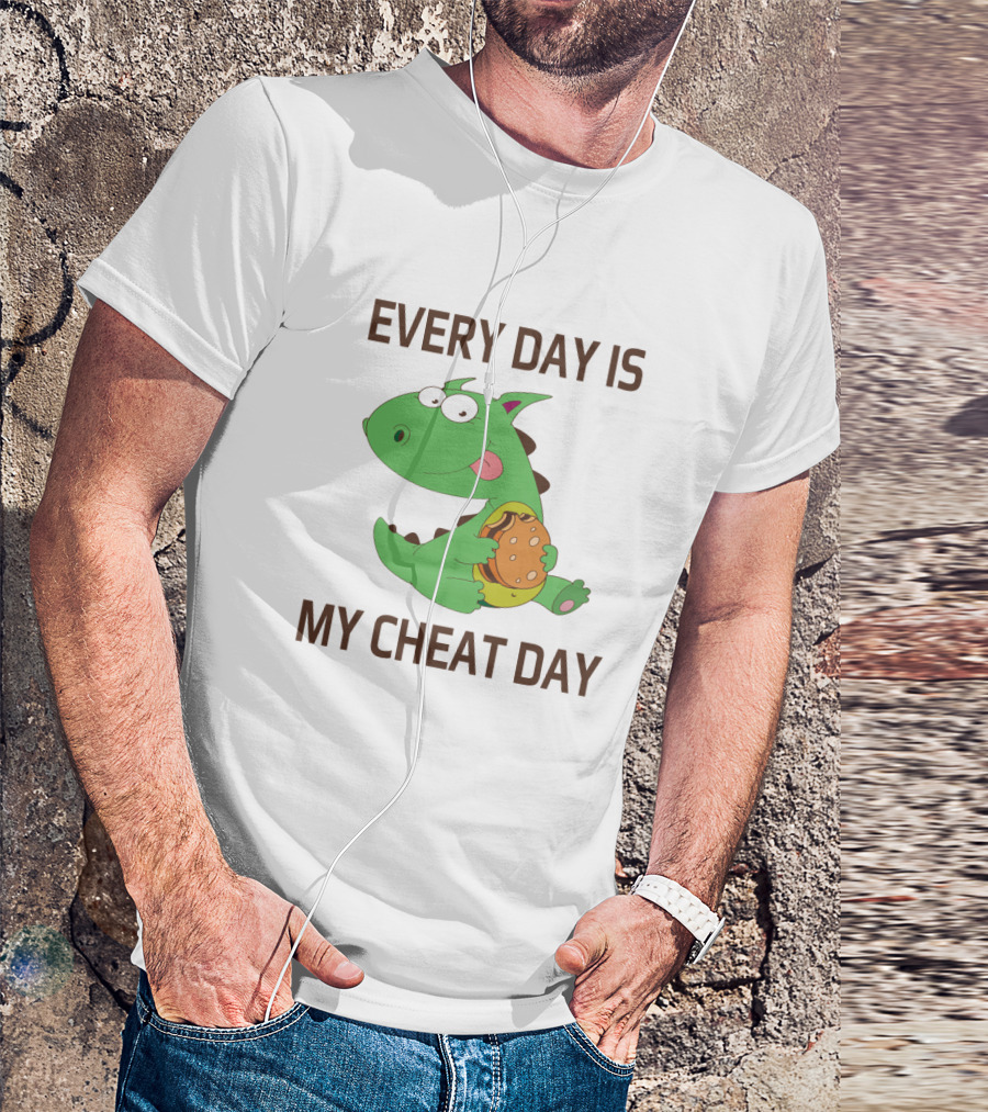 Every Day Is My Cheat Day Green Cartoon Dinosaur Holding Burger T-Shirt