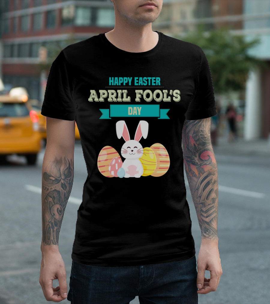 Happy Easter April Fool's Day Bunny with Striped Eggs T-Shirt