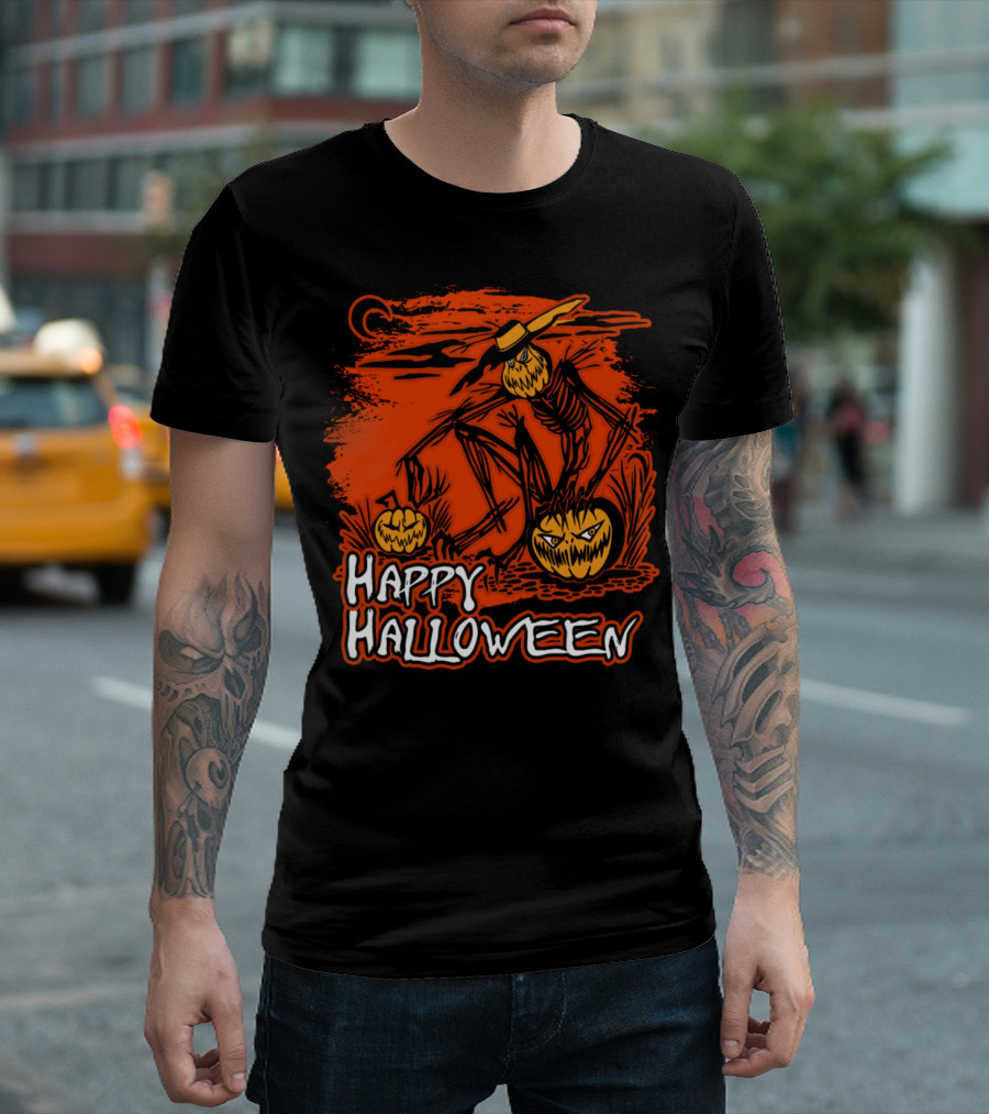 Happy Halloween Scarecrow With Pumpkins And Crescent Moon T-Shirt