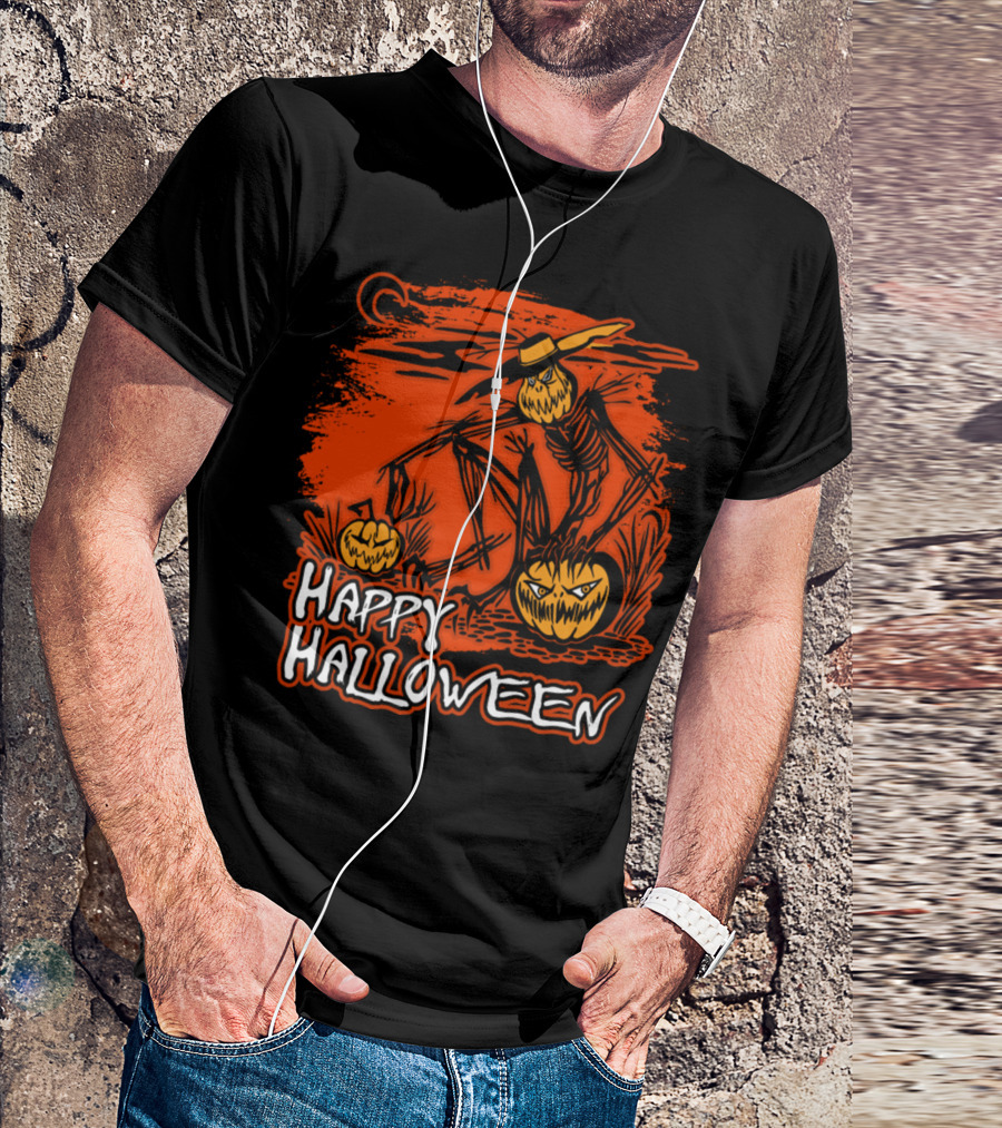 Happy Halloween Scarecrow With Pumpkins And Crescent Moon T-Shirt