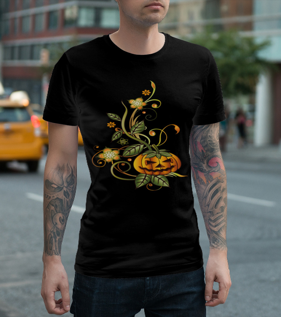 Floral Pumpkin Vine with Jack-O'-Lantern Face and Swirling Leaves T-Shirt
