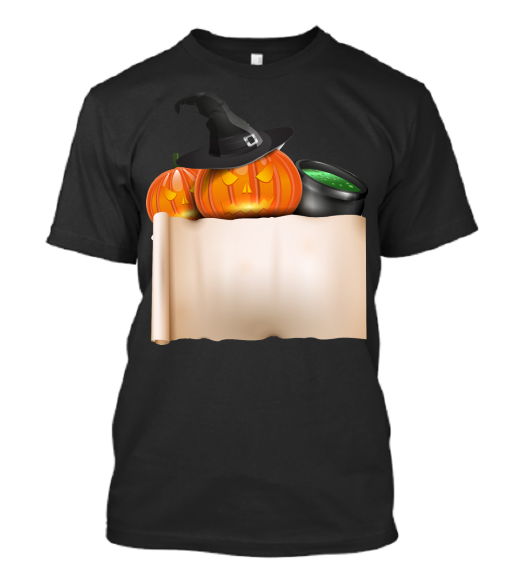 Halloween Pumpkin With Witch Hat And Scroll Featuring Bubbling Cauldron T-Shirt