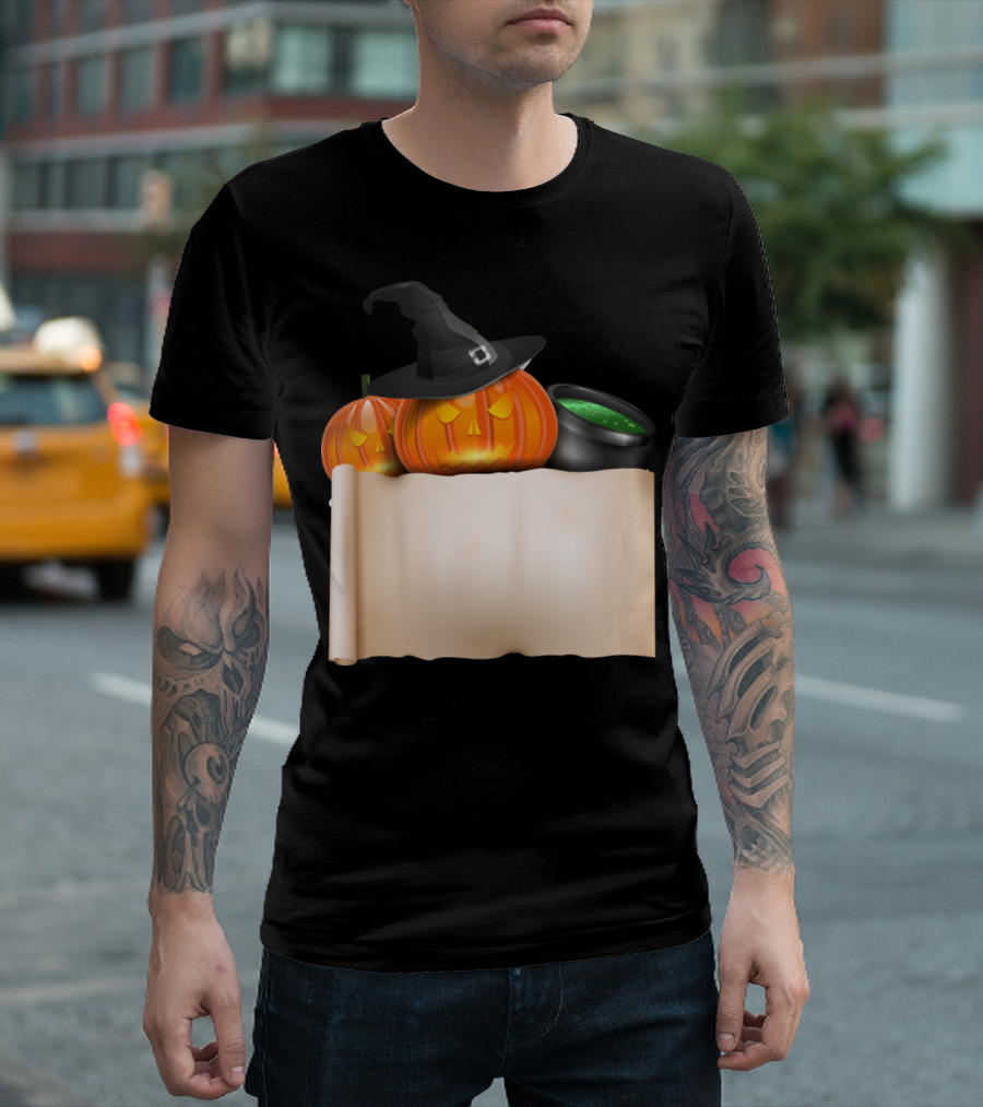 Halloween Pumpkin With Witch Hat And Scroll Featuring Bubbling Cauldron T-Shirt