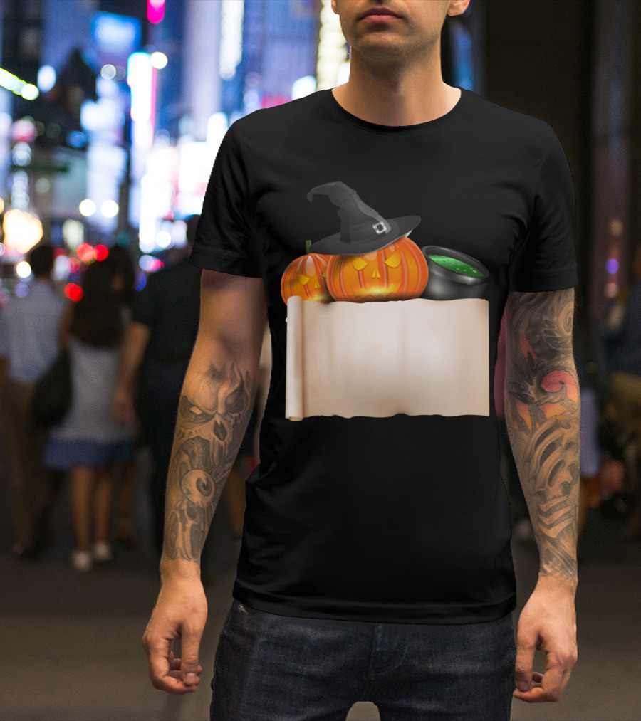 Halloween Pumpkin With Witch Hat And Scroll Featuring Bubbling Cauldron T-Shirt