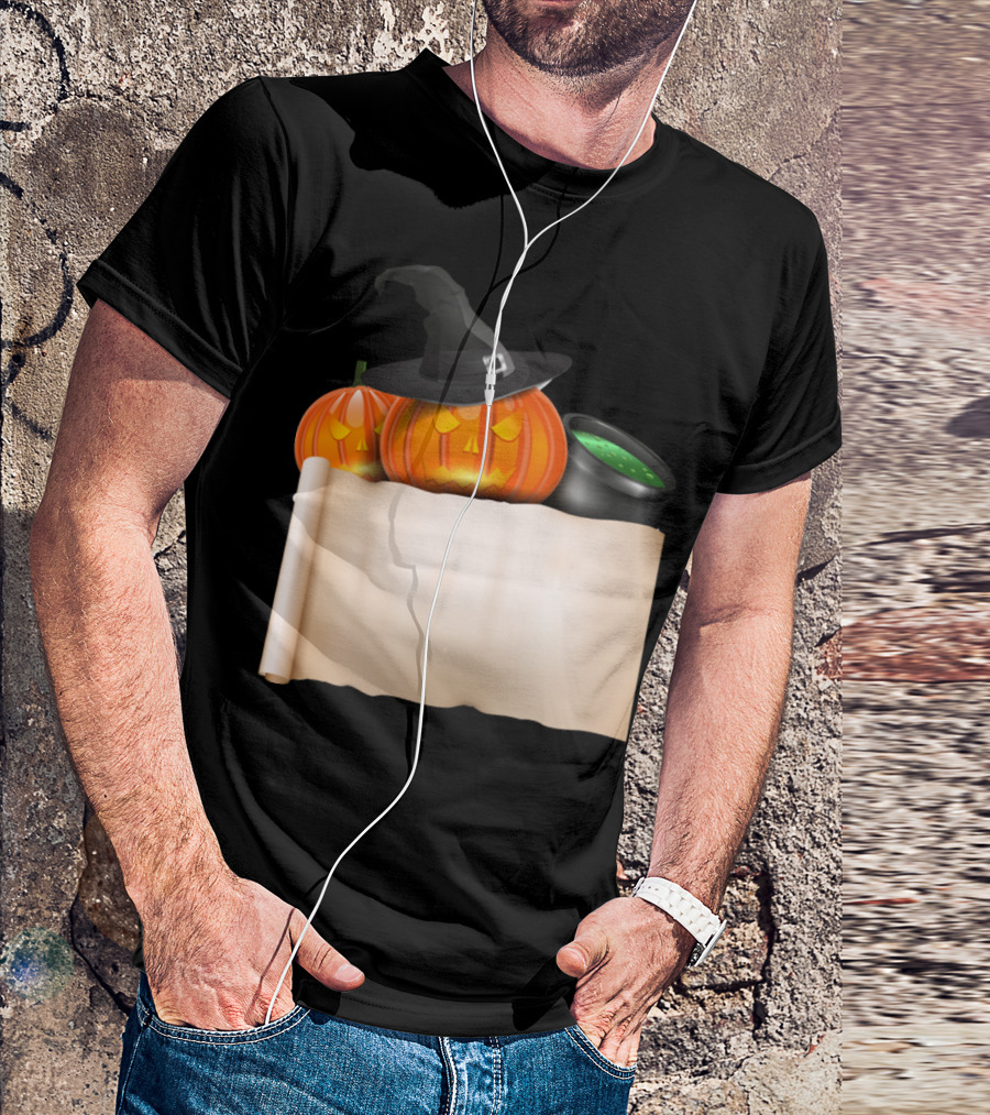 Halloween Pumpkin With Witch Hat And Scroll Featuring Bubbling Cauldron T-Shirt
